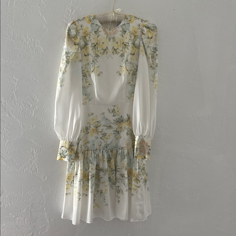 ANTONIO MELANI White Floral Long-Sleeve Tiered Dress with Yellow Accents, Size 0